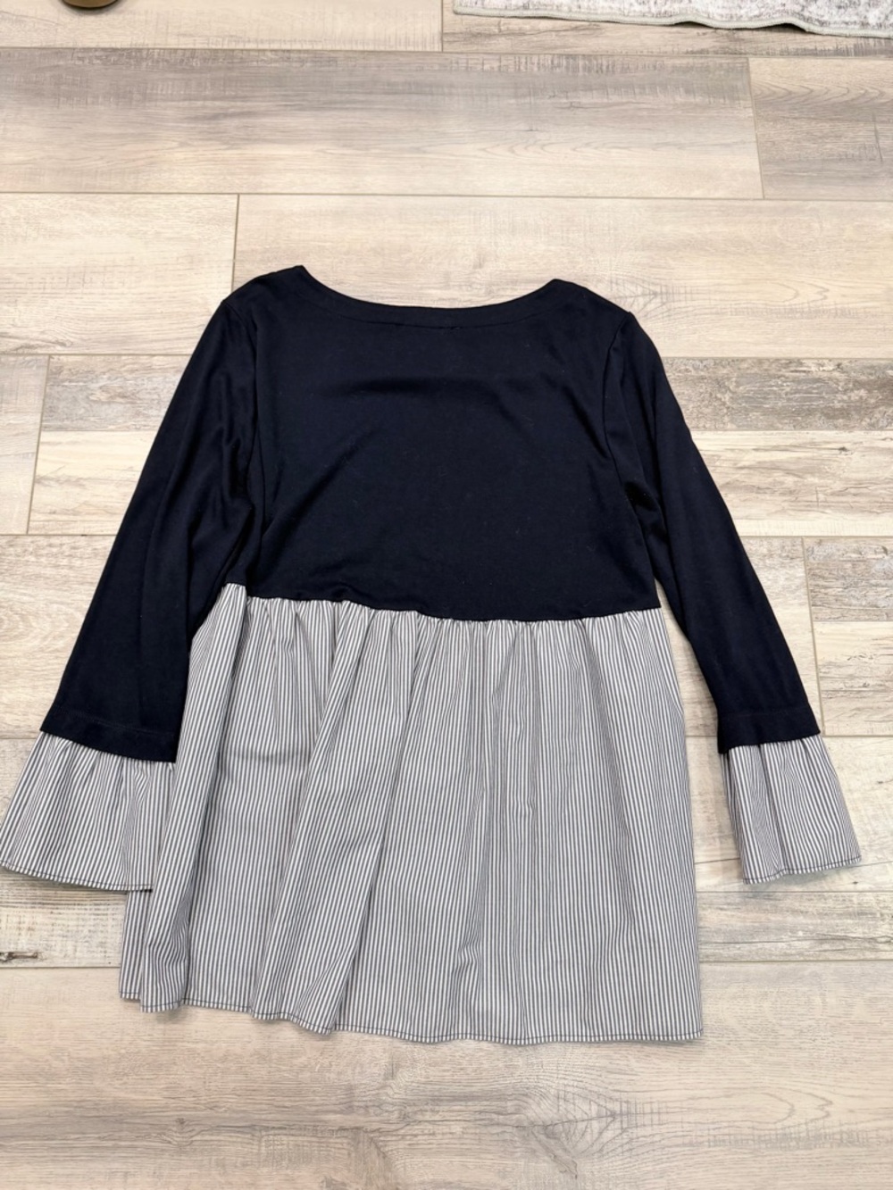 LOFT Navy Long-Sleeve Mixed-Media Top with Striped Hem